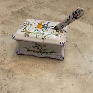 Vtg French Butter/Jam Serving Dish with spreading knife made in Moustier Faienc